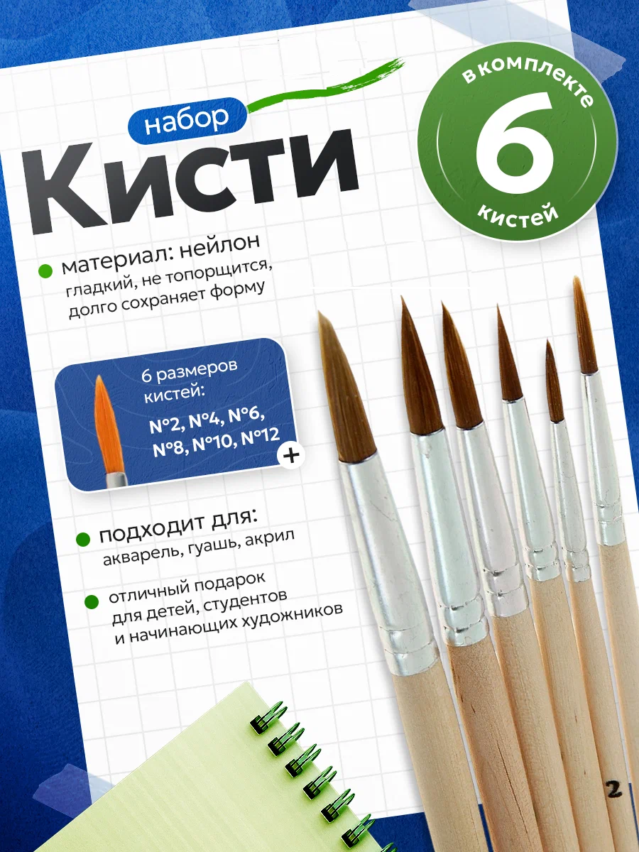 Набор кистей нейлон круглые 6 штук (№2,4,6,8,10,12) с деревянными ручками на блистере 2691080
