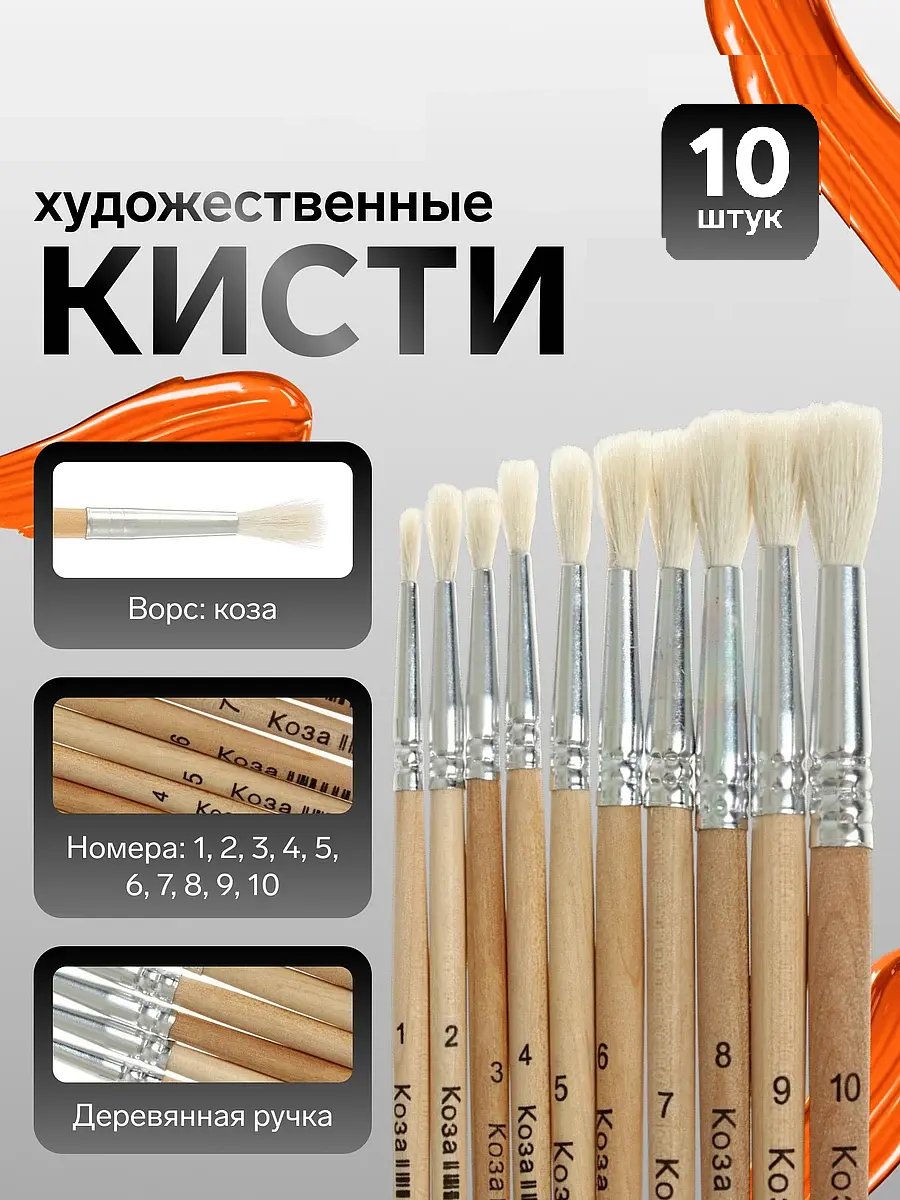 Набор кистей коза круглые 10 штук (№1,2,3,4,5,6,7,8,9,10) с деревянными ручками на блистере   472585