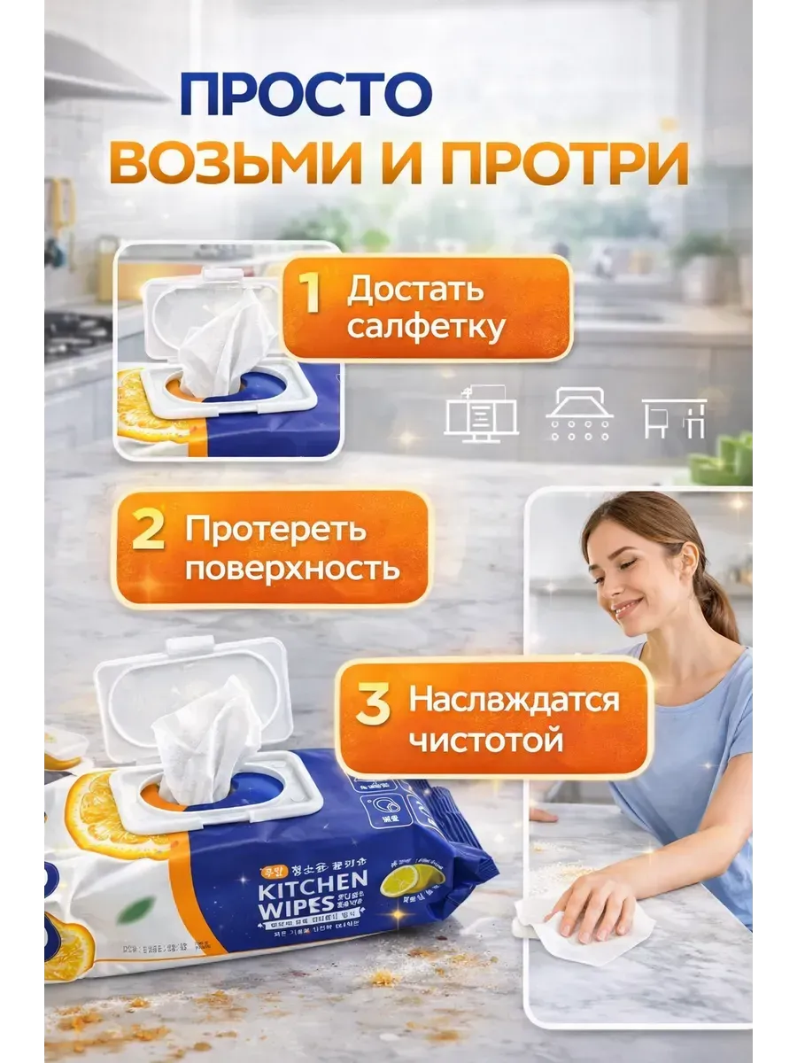 Влажные салфетки для кухни «KITCHEN WIPES» 40pcs Арт. B206