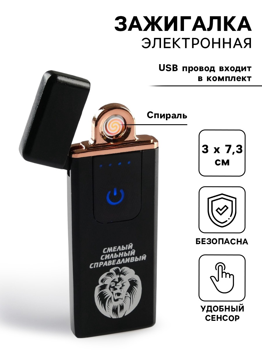 Зажигалка электронная "Смелый, сильный, справедливый", USB, спираль, 3 х 7.3 см, черная 5244316