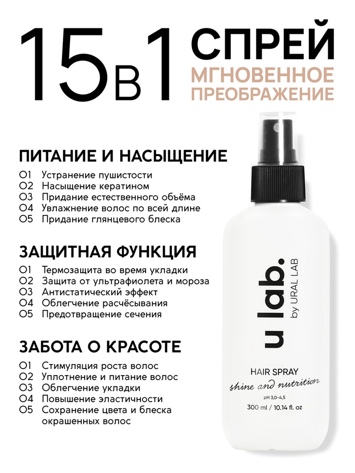 ULAB Спрей для волос "Блеск и Питание", цветочный аромат, 300 мл 10480715