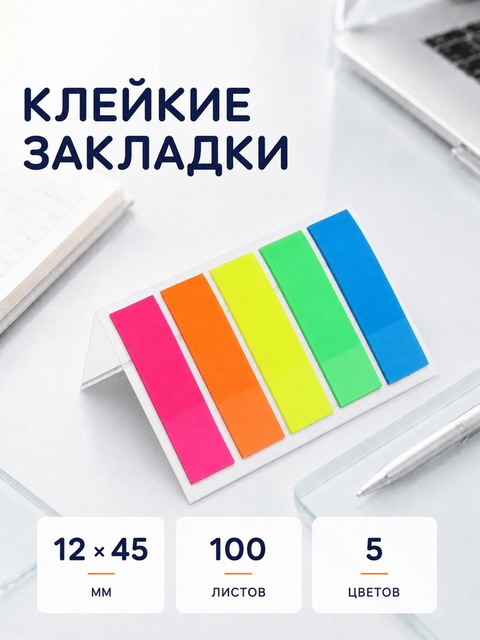 Блок-закладка с липким краем пластик 20л*5 цветов флуор, 12мм*45мм   5491856