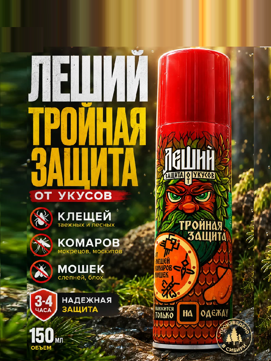 Аэрозоль от клещей, мошек, комаров «Леший.Тройная сила» 150мл. Арт. (5644).