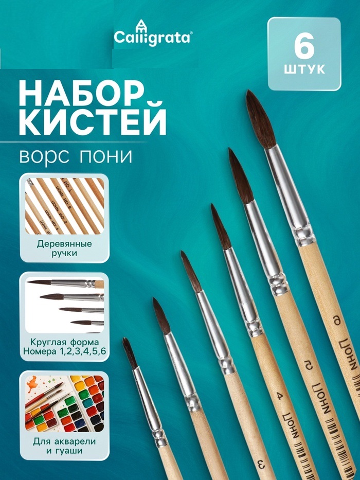Набор кистей пони круглые 6 штук (№1,2,3,4,5,6)  с деревянными ручками на блистере 169383