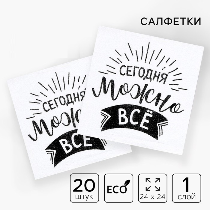 Салфетки бумажные однослойные "Сегодня можно всё", 24х24 см, набор 20 шт. 5067336