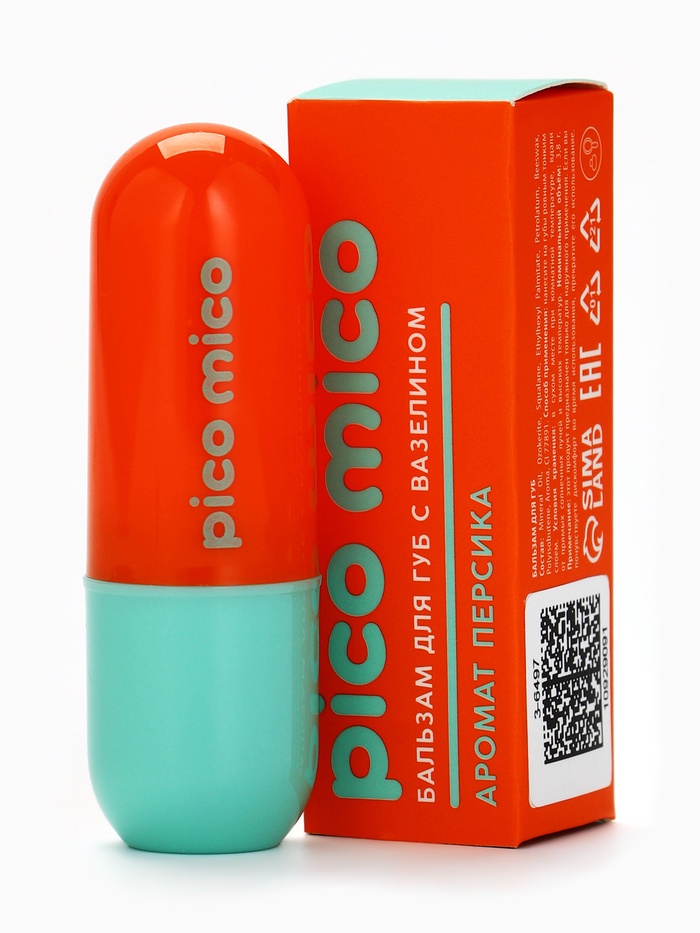 PICO MICO Бальзам для губ с вазелином, 3,8 г, аромат персика   10929091