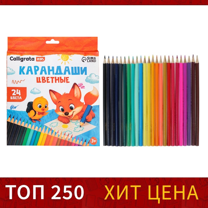 Карандаши 24цв, Calligrata, дерево, заточ, трехгр, коробка, европодвес 1014642