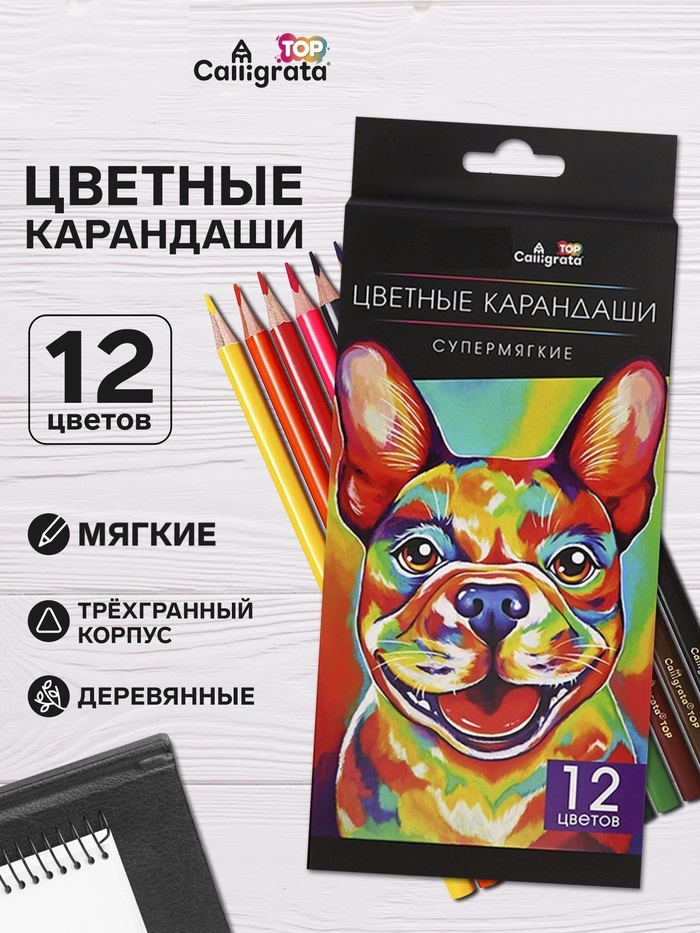 Карандаши 12цв, Calligrata, дерево, заточ, трехгр, супермягкие,     коробка, европодвес 9936025