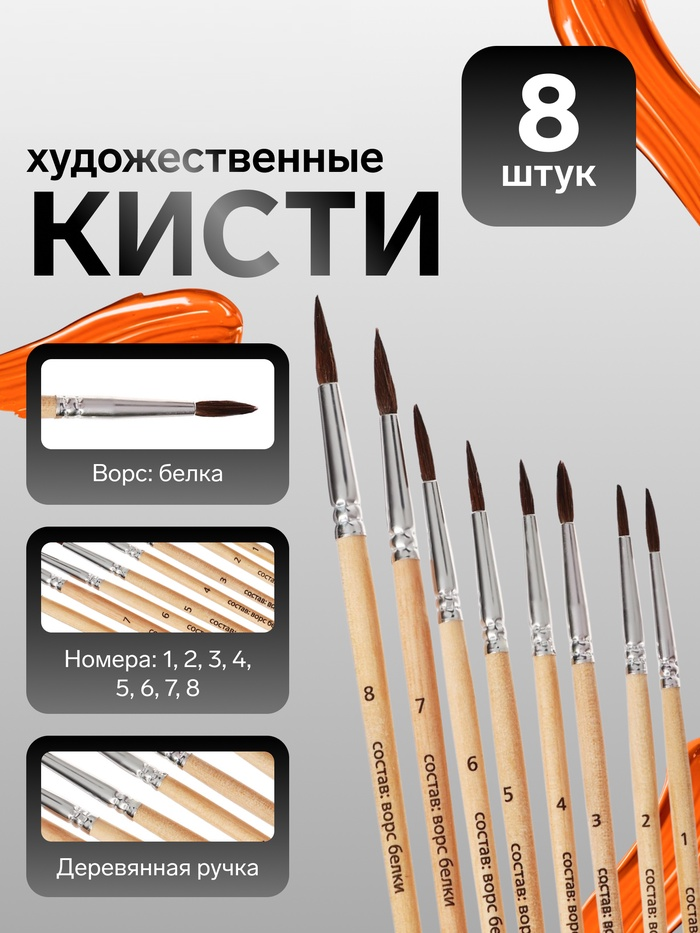 Набор кистей белка круглые 8 штук (№1,2,3,4,5,6,7,8) с деревянными ручками на блистере    10212699
