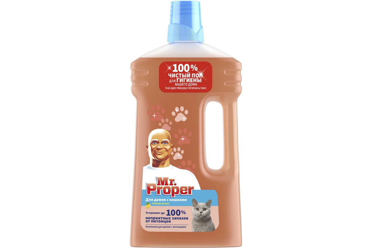 MR PROPER Моющая жидкость для полов и стен для домов с кошками Свежий Цитрус 1л