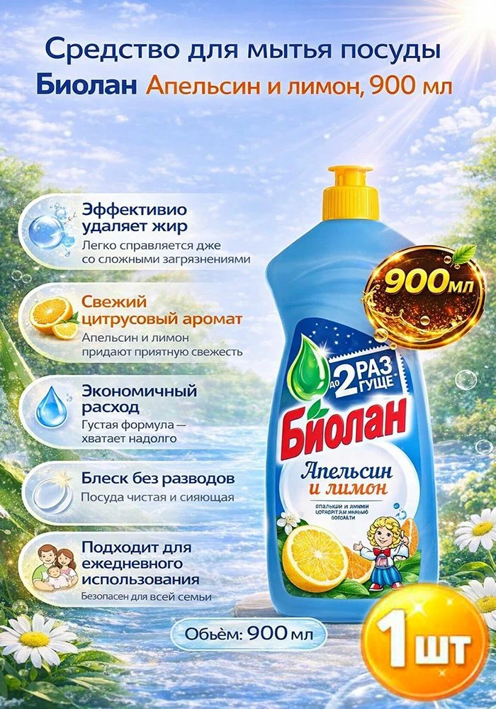 Ср-во д/м.посуды Биолан  900г Апельсин и лимон