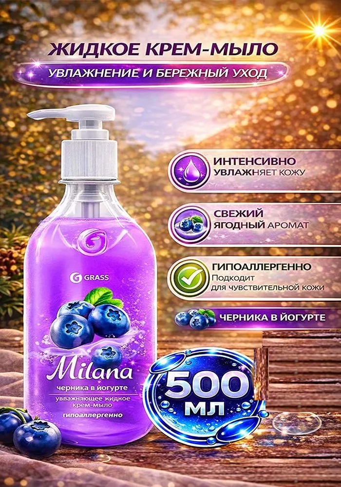 GraSS Жидкое крем-мыло «Milana» черника в йогурте с дозатором (флакон 500 мл)