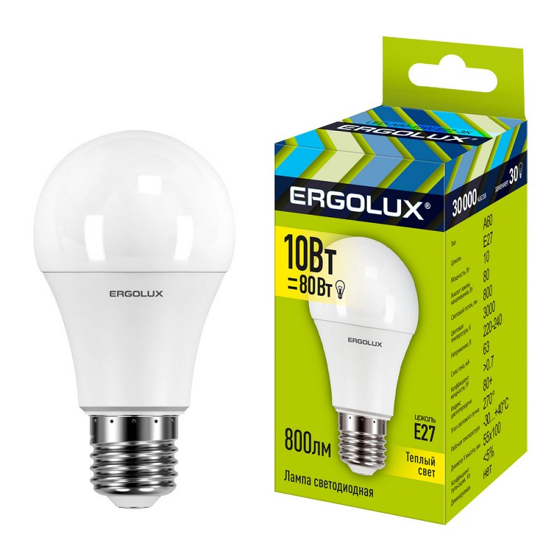 Лампа светодиодная Ergolux LED-A60-10W-E27-3K 3000K
