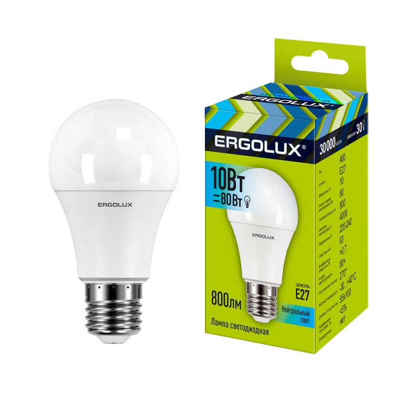 Лампа светодиодная Ergolux LED-A60-10W-E27-4K 4500K