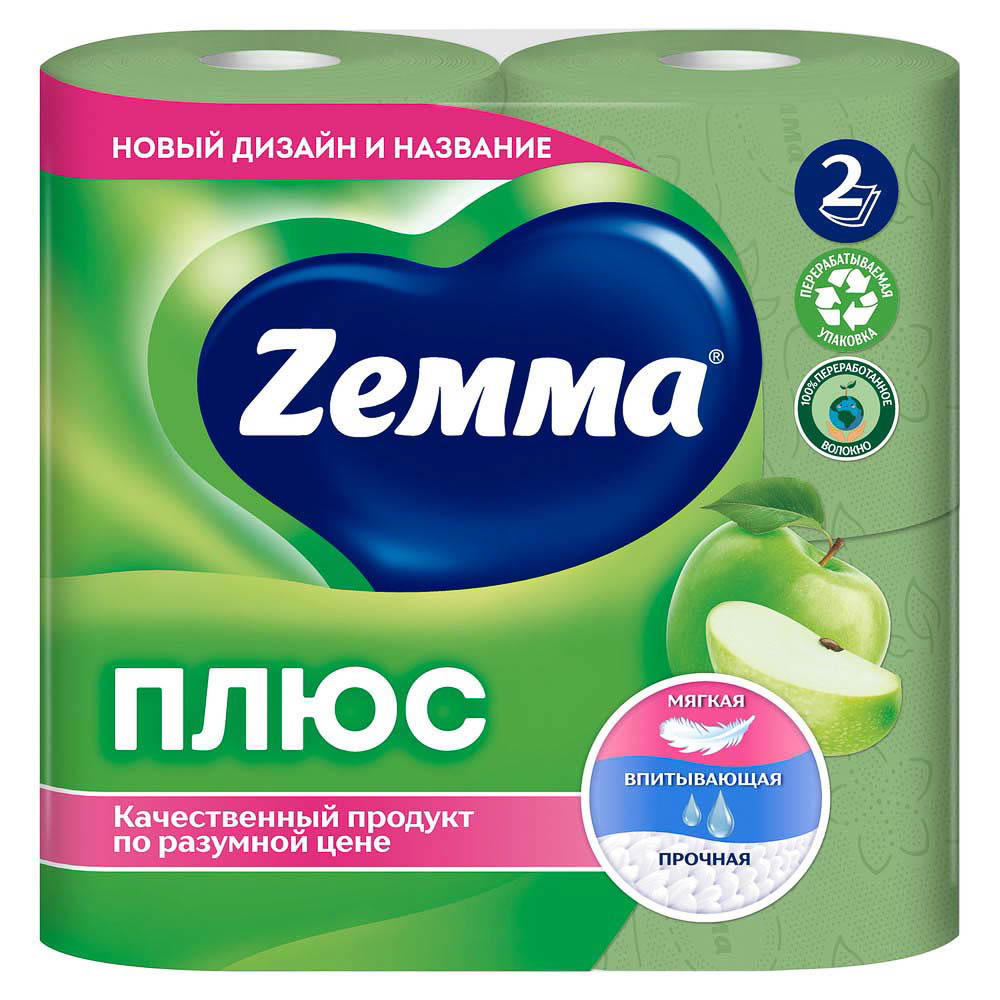 Туалет бумага ZEMMA+ 2-х слойная 4 шт Яблоко