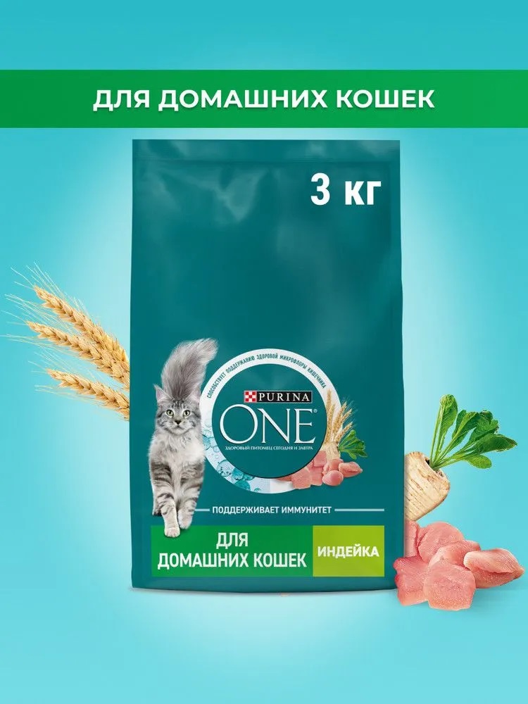 Корм сухой для кошек Purina ONE при домашнем образе жизни, с индейкой и цельными злаками, 3 кг