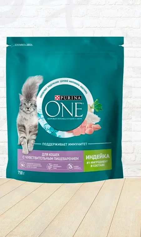 Корм сухой для кошек Purina ONE при чувствительном пищеварении, с индейкой и рисом, 750 г