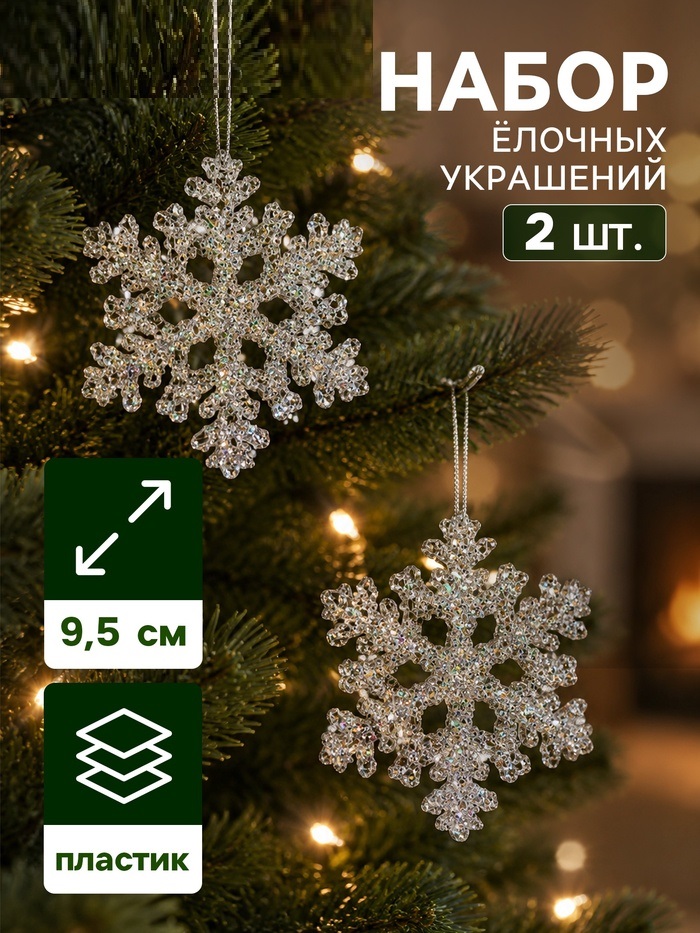 Украшение ёлочное "Ажурная снежинка - переливы" (набор 2 шт) 9,5 см, серебро 5043704