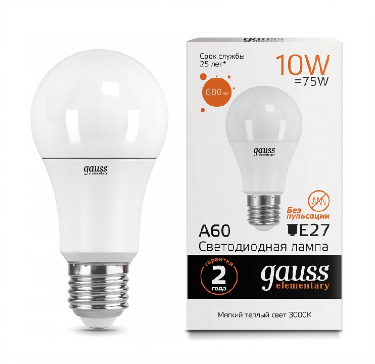 Лампа Gauss LED Elementary A60 10W E27 2700K 2/100